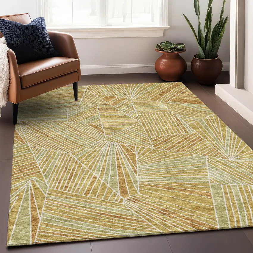 Gold And Beige Geometric Washable Area Rug With UV Protection Photo 3