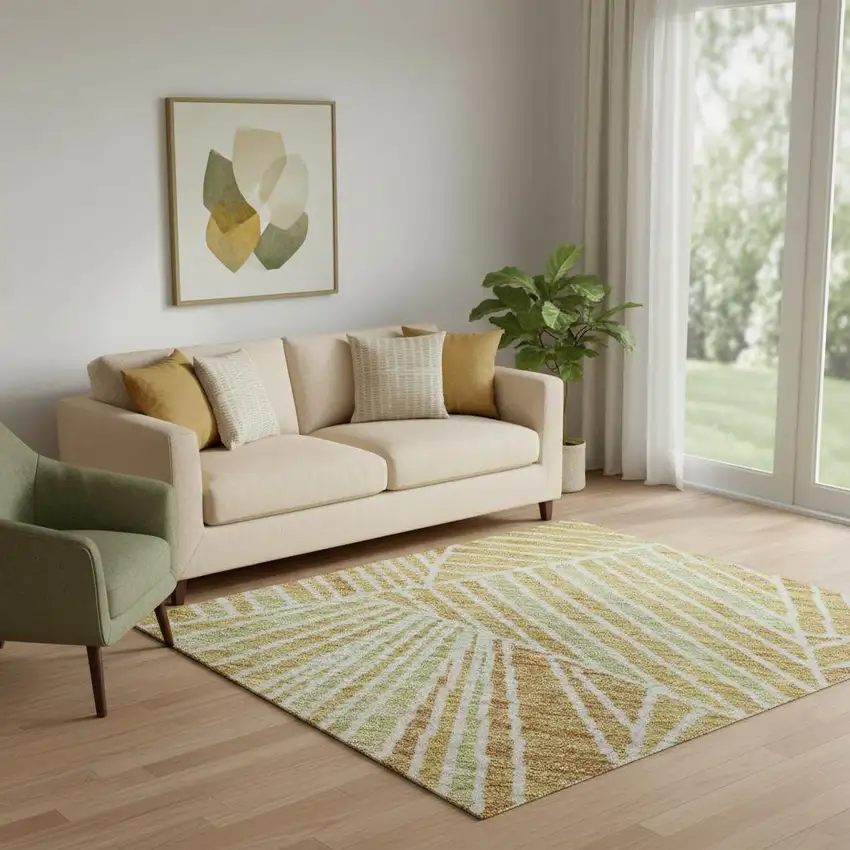 Gold And Beige Geometric Washable Area Rug With UV Protection Photo 1