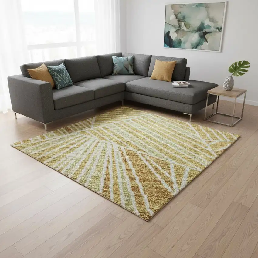 Gold And Beige Geometric Washable Area Rug With UV Protection Photo 2