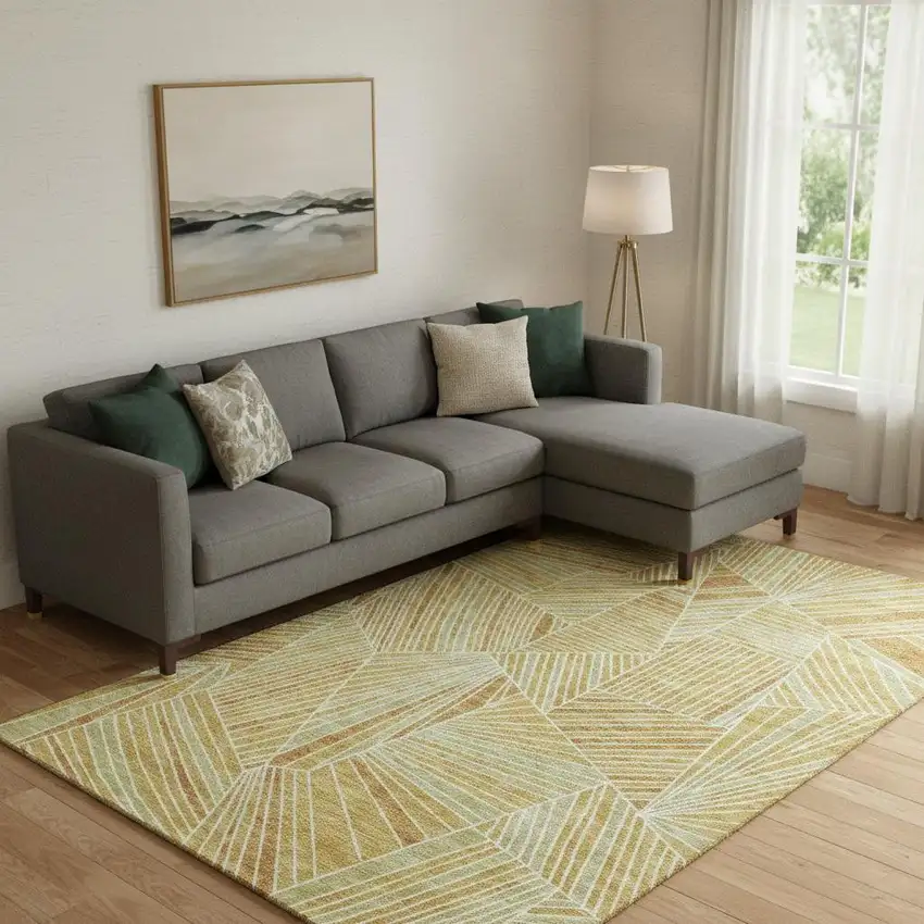 Gold And Beige Geometric Washable Area Rug With UV Protection Photo 2