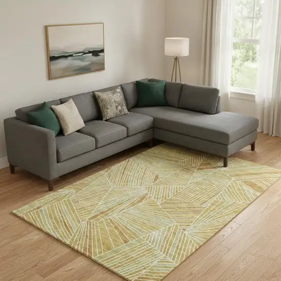 Gold And Beige Geometric Washable Area Rug With UV Protection Photo 1