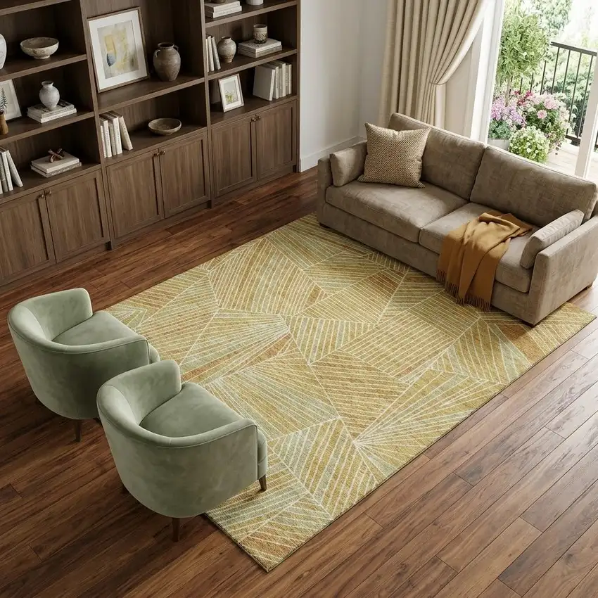 Gold And Beige Geometric Washable Area Rug With UV Protection Photo 1