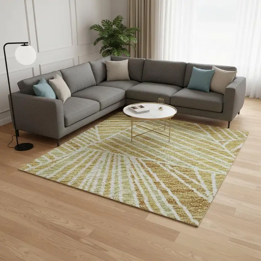 Gold And Beige Geometric Washable Area Rug With UV Protection Photo 2