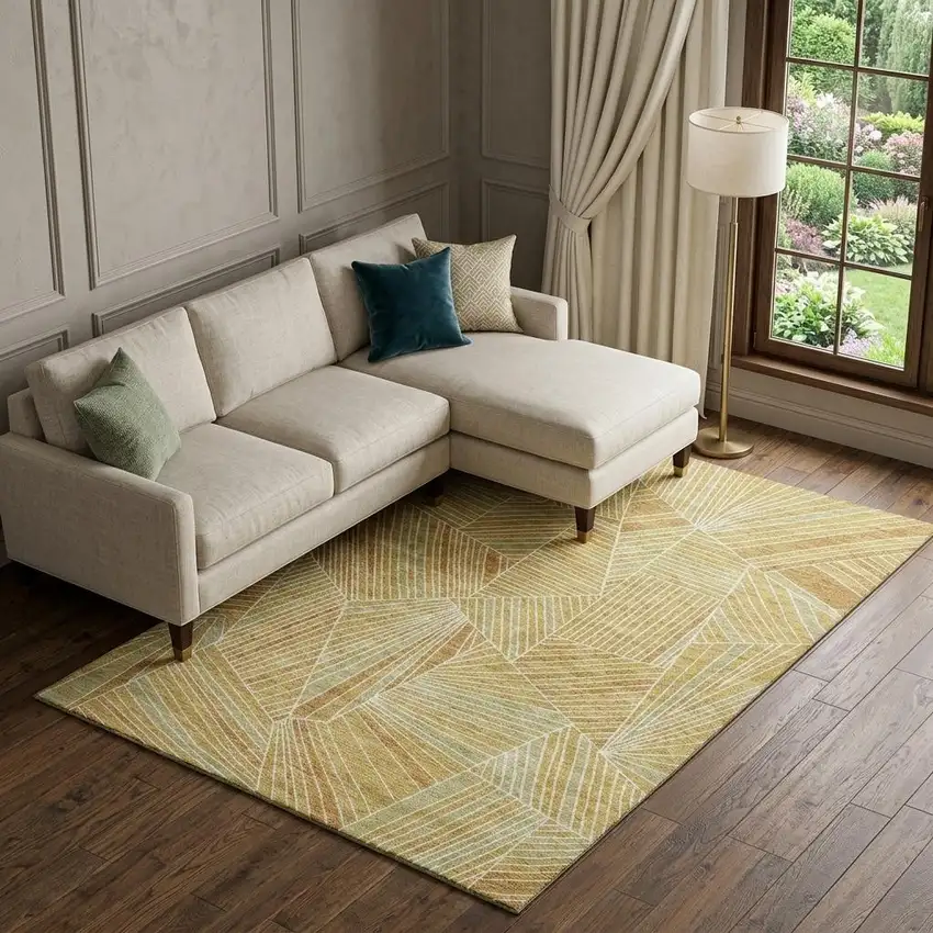 Gold And Beige Geometric Washable Area Rug With UV Protection Photo 1