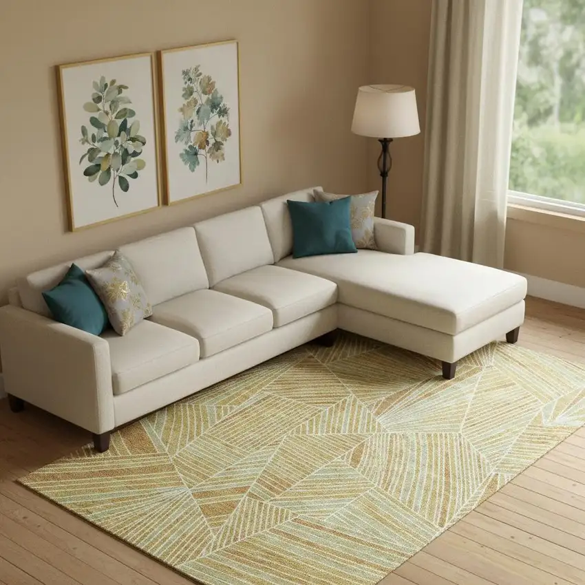 Gold And Beige Geometric Washable Area Rug With UV Protection Photo 1