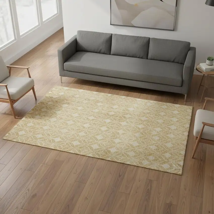Gold And Beige Geometric Washable Area Rug With UV Protection Photo 2