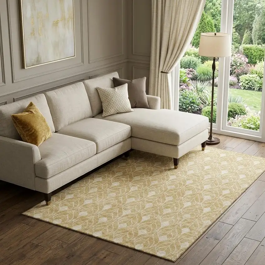 Gold And Beige Geometric Washable Area Rug With UV Protection Photo 1