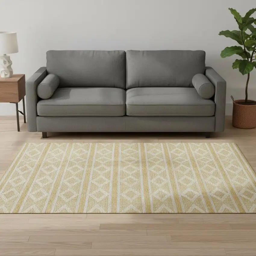 Gold And Beige Geometric Washable Area Rug With UV Protection Photo 2