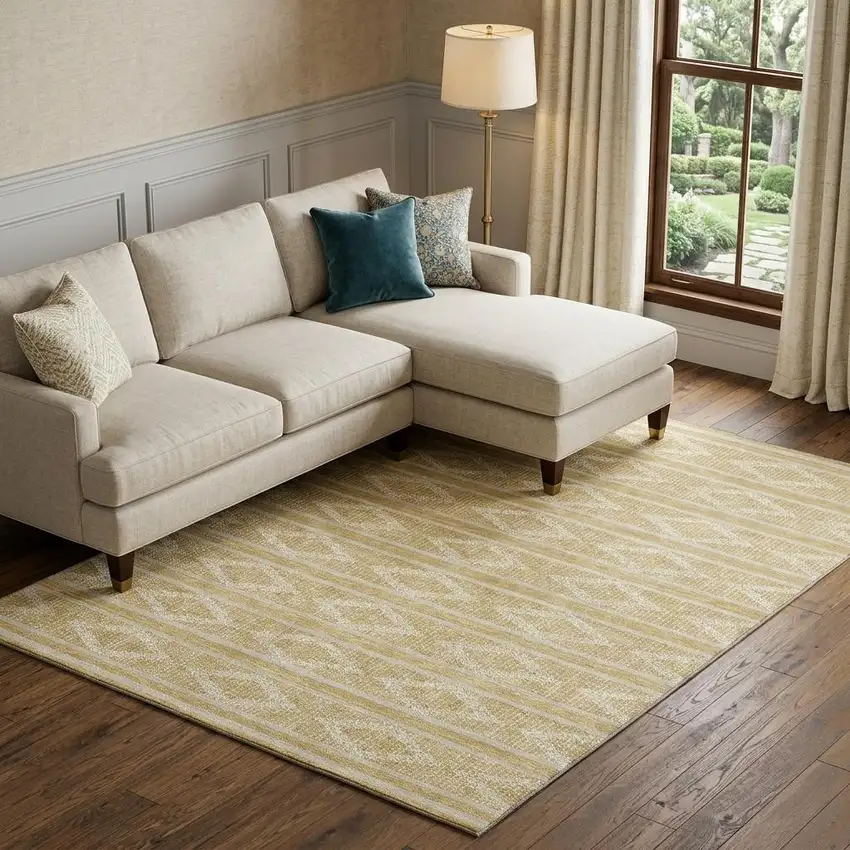 Gold And Beige Geometric Washable Area Rug With UV Protection Photo 1