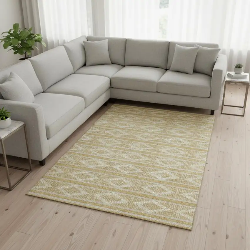 Gold And Beige Geometric Washable Area Rug With UV Protection Photo 2