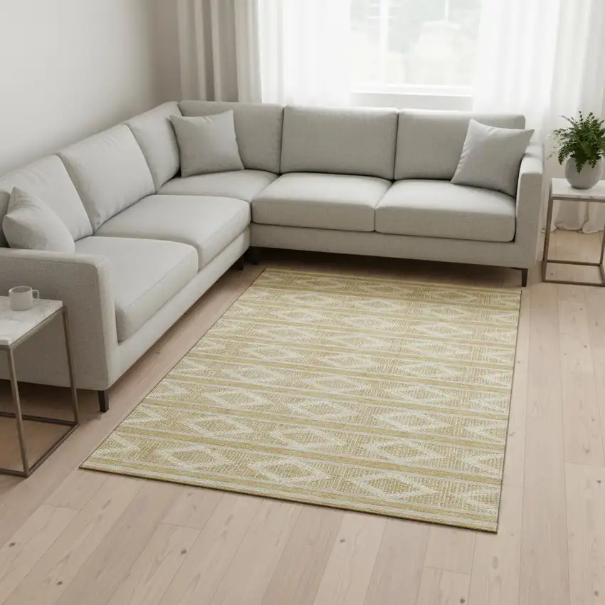 Gold And Beige Geometric Washable Area Rug With UV Protection Photo 2