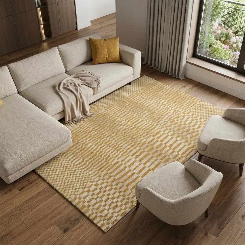 Gold And Beige Geometric Washable Area Rug With UV Protection Photo 1