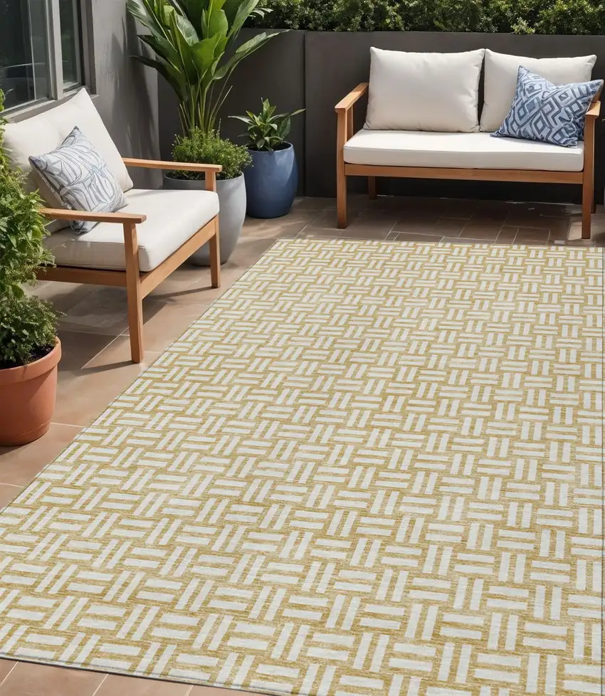 Gold And Beige Geometric Washable Indoor Outdoor Area Rug Photo 1