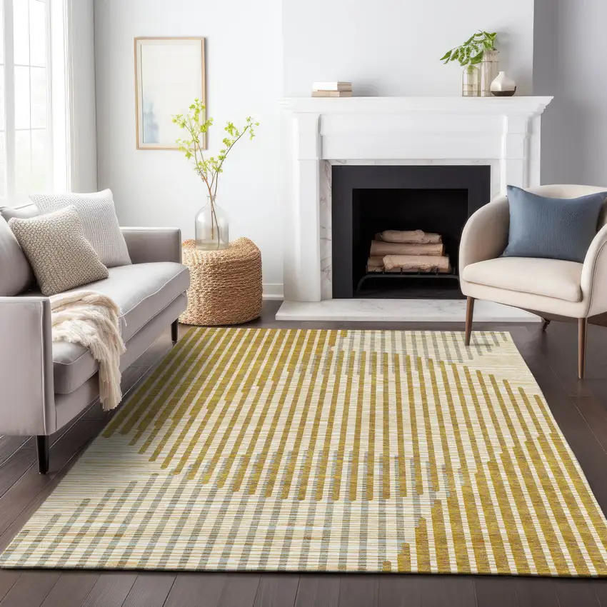 Gold And Beige Geometric Washable Indoor Outdoor Area Rug Photo 8