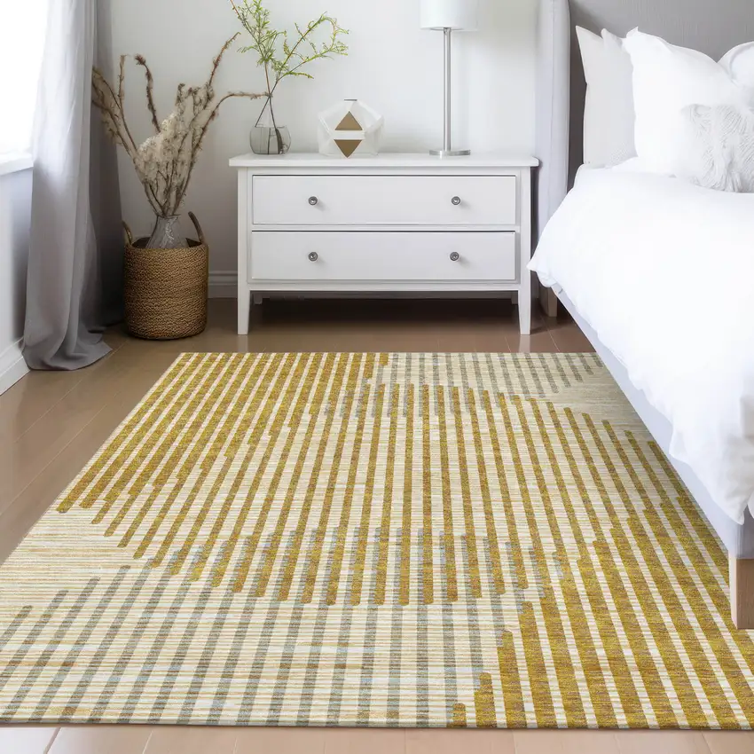 Gold And Beige Geometric Washable Indoor Outdoor Area Rug Photo 9