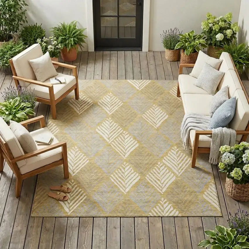 Gold And Beige Geometric Washable Indoor Outdoor Area Rug Photo 1