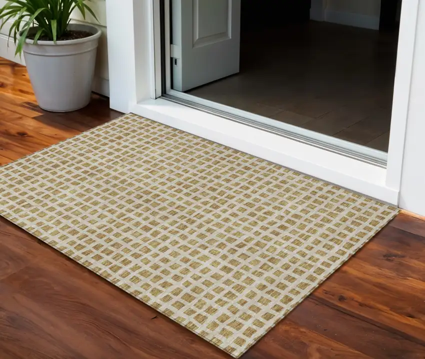 Gold And Beige Geometric Washable Indoor Outdoor Area Rug Photo 1