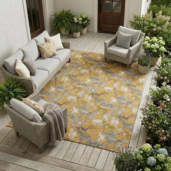 Gold And Beige Horse Washable Indoor Outdoor Area Rug Photo 1