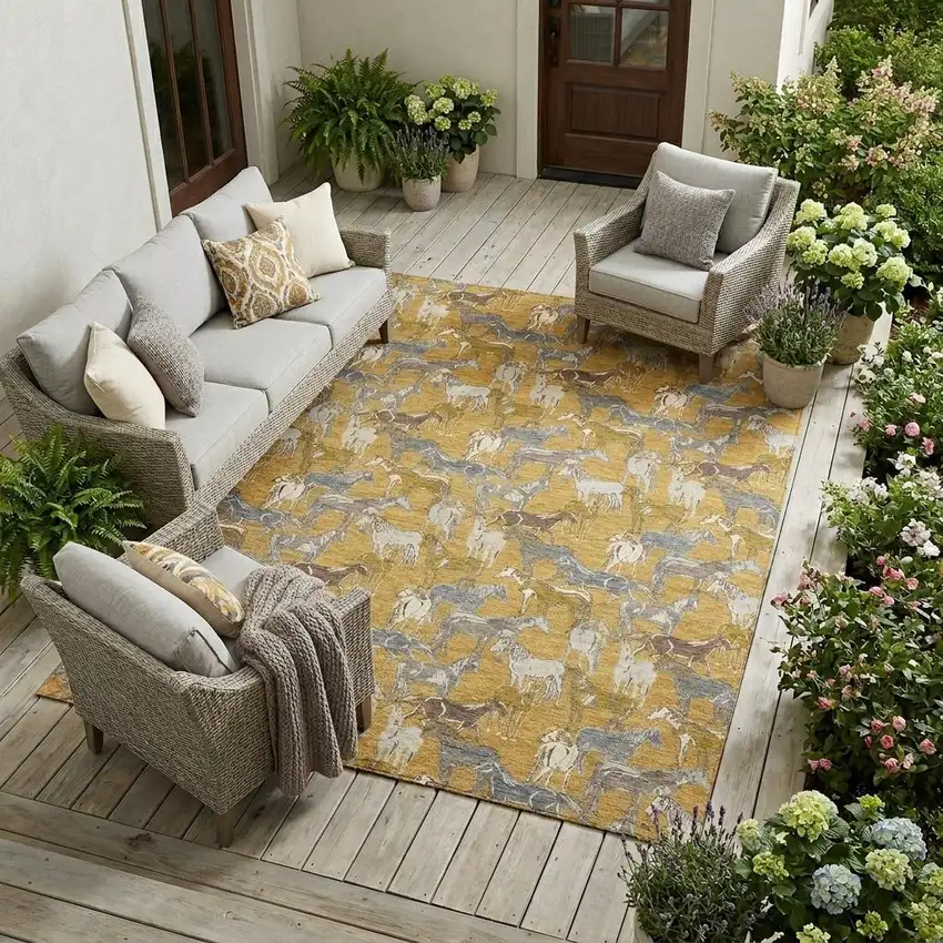 Gold And Beige Horse Washable Indoor Outdoor Area Rug Photo 1