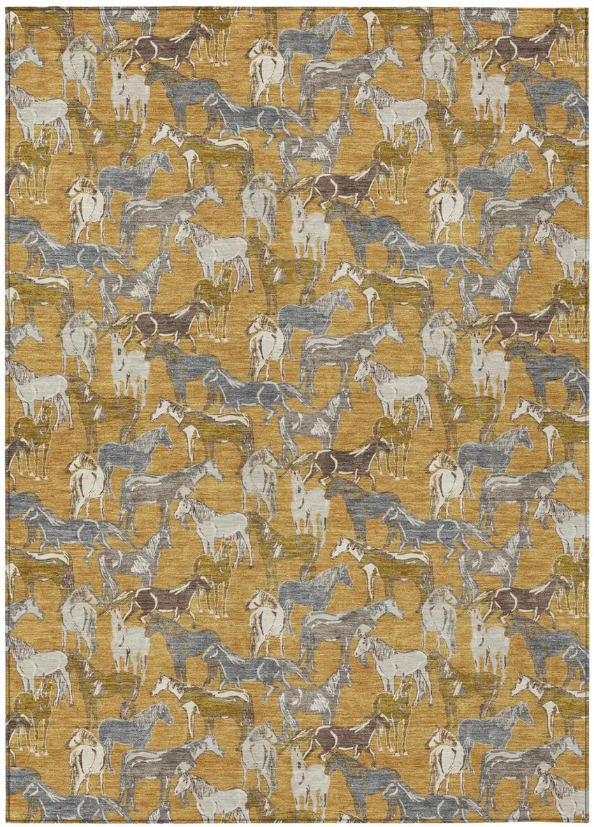 Gold And Beige Horse Washable Indoor Outdoor Area Rug Photo 2