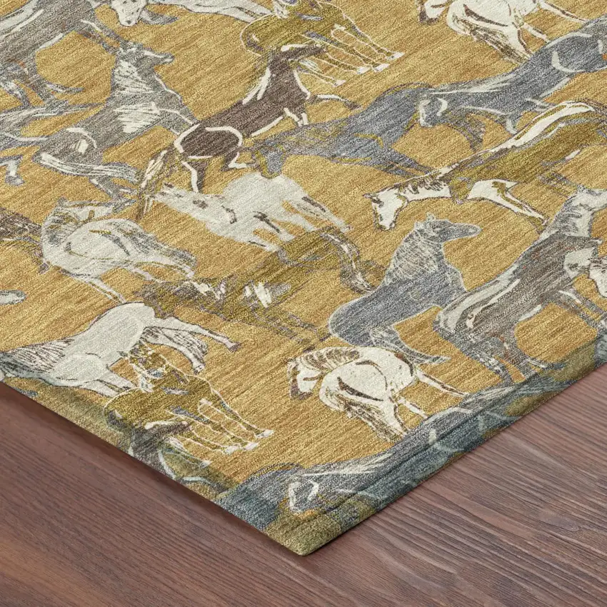 Gold And Beige Horse Washable Indoor Outdoor Area Rug Photo 5