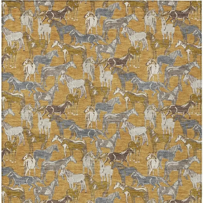 Gold And Beige Horse Washable Indoor Outdoor Area Rug Photo 4