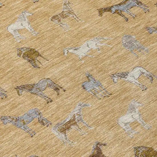 Gold And Beige Horse Washable Indoor Outdoor Area Rug Photo 6