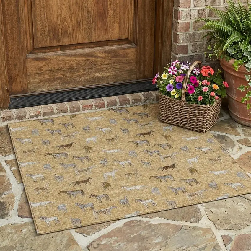 Gold And Beige Horse Washable Indoor Outdoor Area Rug Photo 1