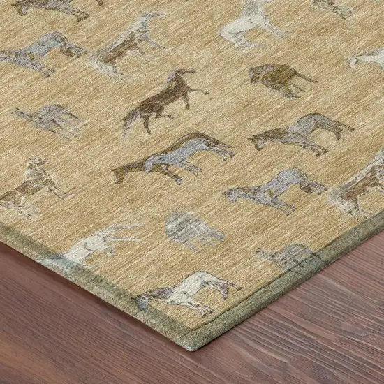 Gold And Beige Horse Washable Indoor Outdoor Area Rug Photo 5
