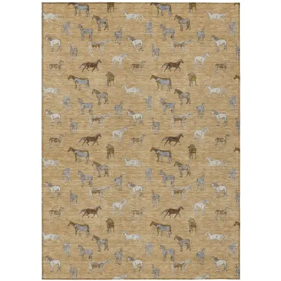 Gold And Beige Horse Washable Indoor Outdoor Area Rug Photo 2