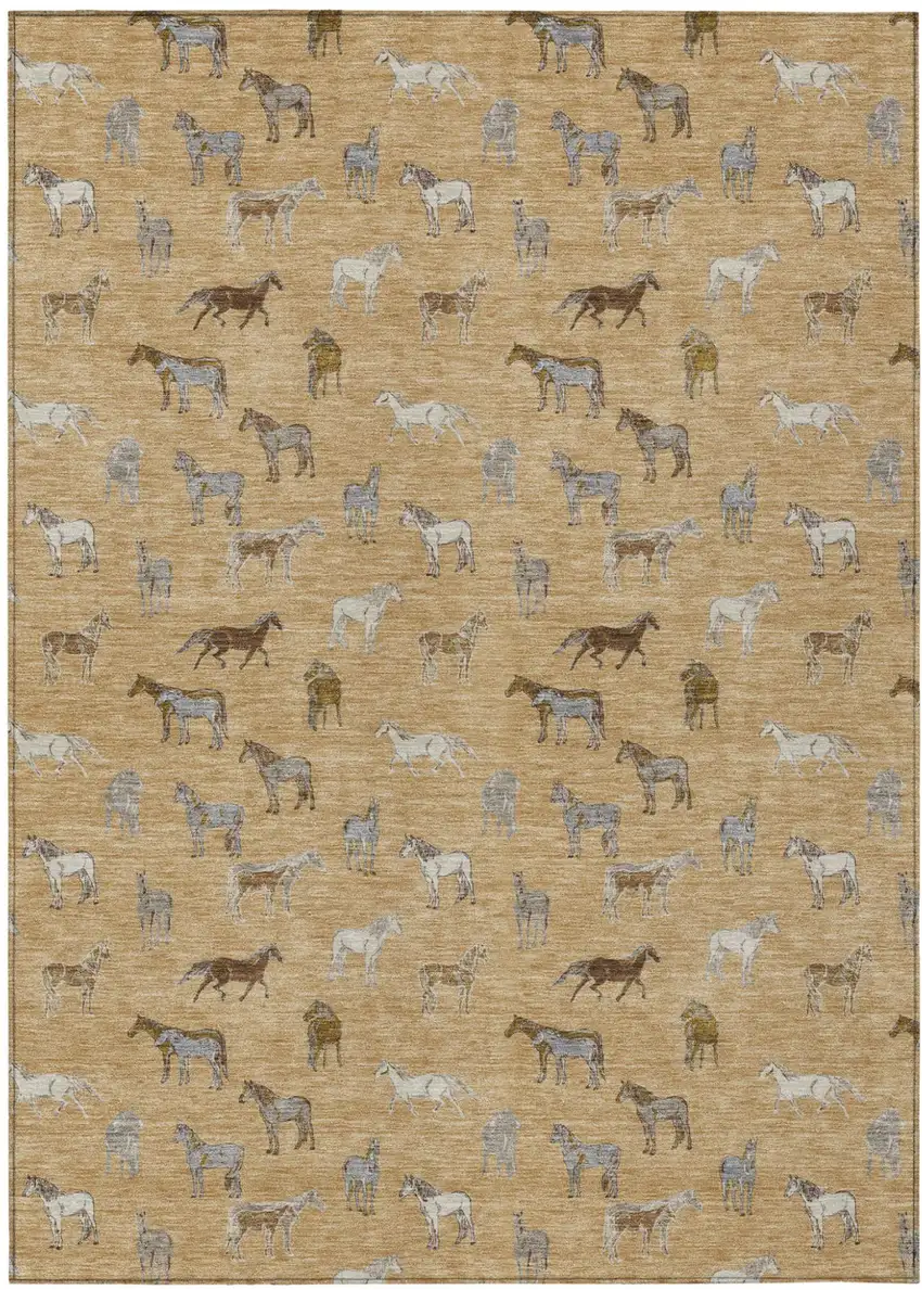 Gold And Beige Horse Washable Indoor Outdoor Area Rug Photo 2