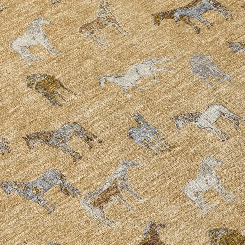 Gold And Beige Horse Washable Indoor Outdoor Area Rug Photo 6