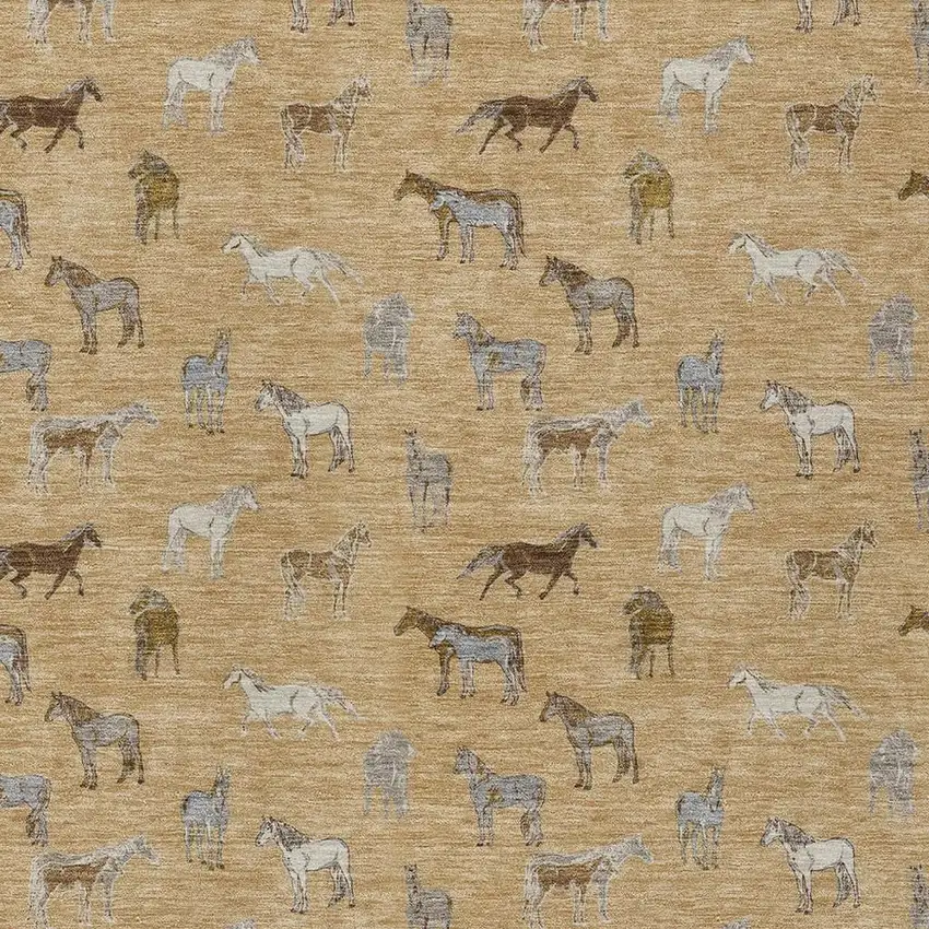 Gold And Beige Horse Washable Indoor Outdoor Area Rug Photo 3