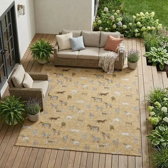 Gold And Beige Horse Washable Indoor Outdoor Area Rug Photo 1
