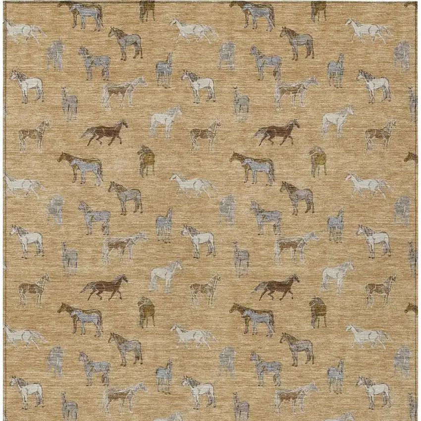 Gold And Beige Horse Washable Indoor Outdoor Area Rug Photo 4