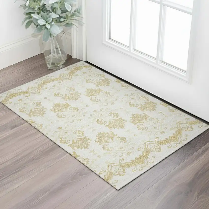 Gold And Beige Medallion Washable Area Rug With UV Protection Photo 1