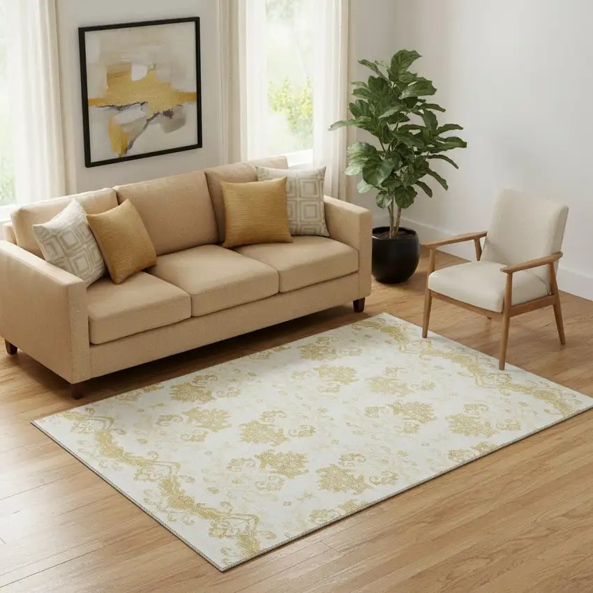 Gold And Beige Medallion Washable Area Rug With UV Protection Photo 1