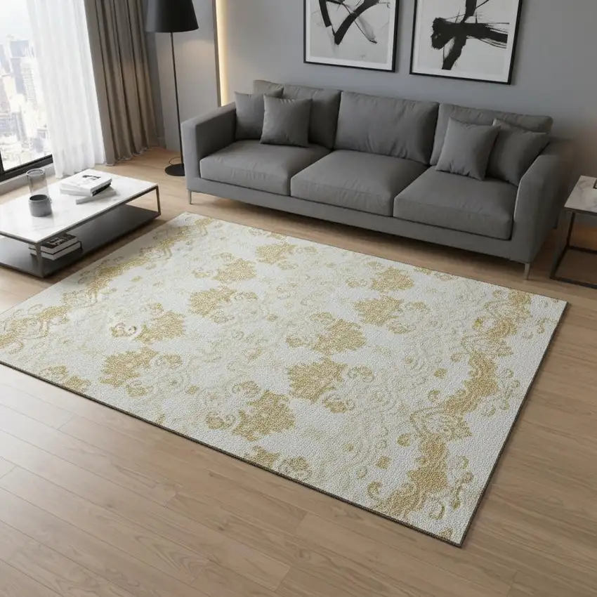 Gold And Beige Medallion Washable Area Rug With UV Protection Photo 2