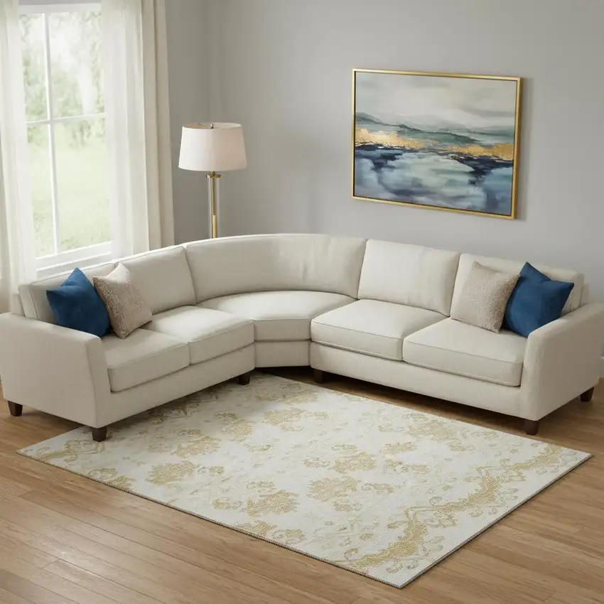 Gold And Beige Medallion Washable Area Rug With UV Protection Photo 1