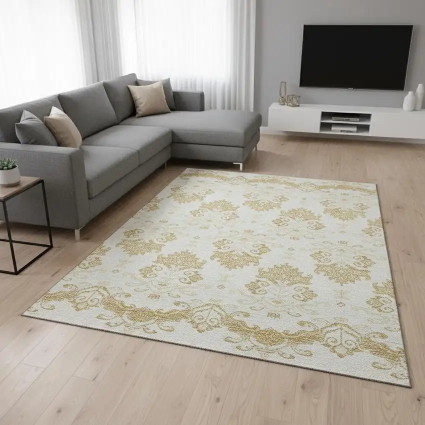 Gold And Beige Medallion Washable Area Rug With UV Protection Photo 2