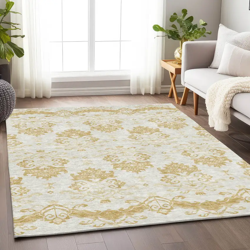Gold And Beige Medallion Washable Area Rug With UV Protection Photo 5