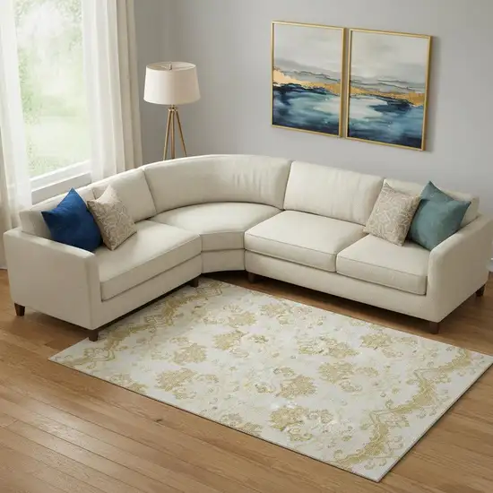 Gold And Beige Medallion Washable Area Rug With UV Protection Photo 1