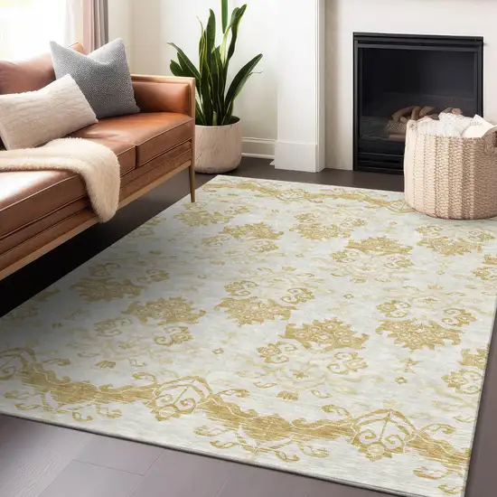 Gold And Beige Medallion Washable Area Rug With UV Protection Photo 6