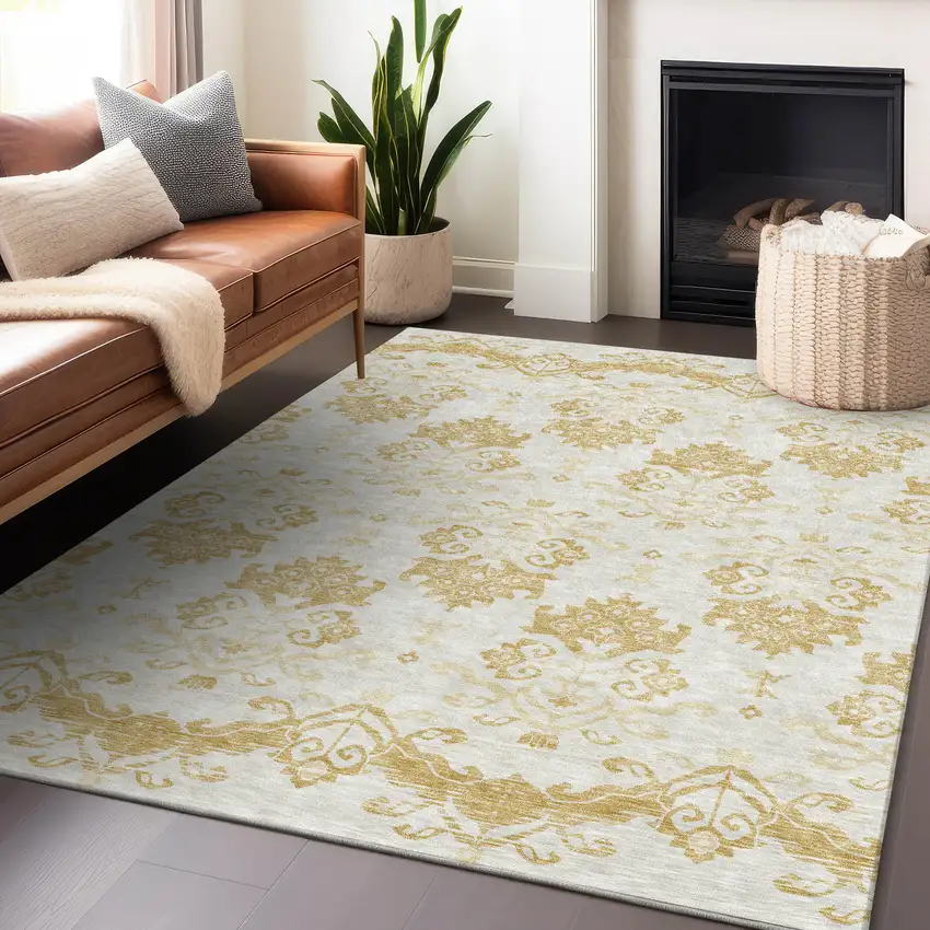 Gold And Beige Medallion Washable Area Rug With UV Protection Photo 6