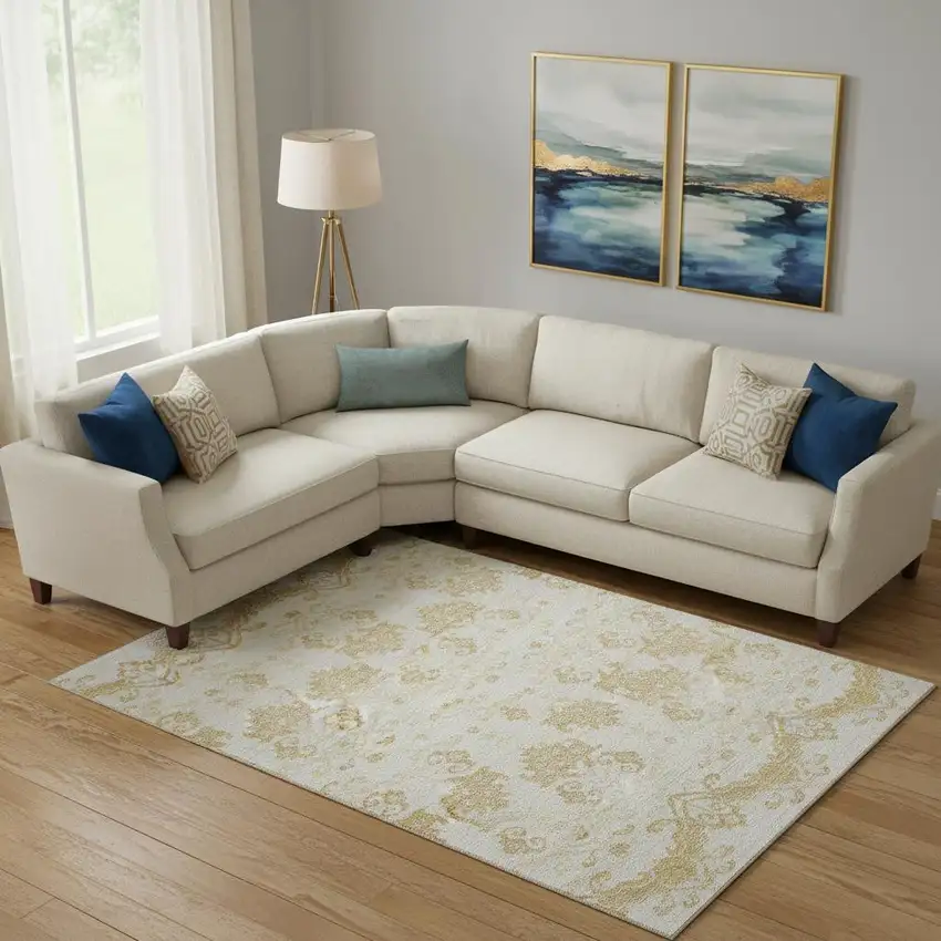 Gold And Beige Medallion Washable Area Rug With UV Protection Photo 1