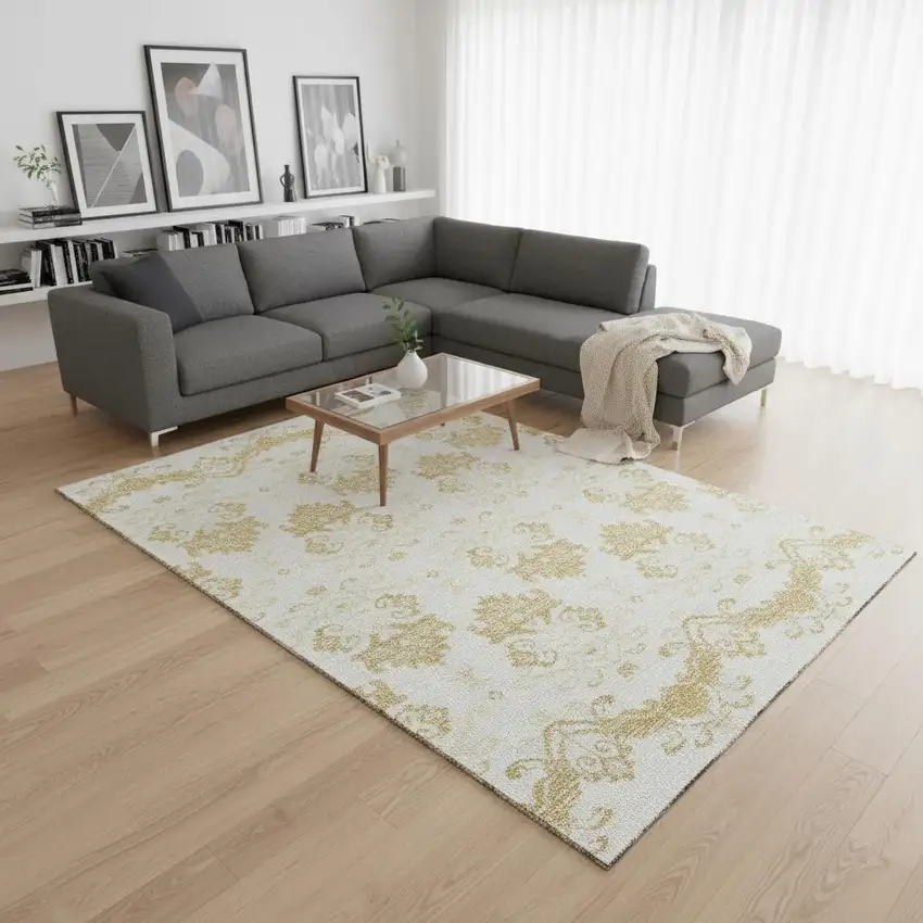 Gold And Beige Medallion Washable Area Rug With UV Protection Photo 2