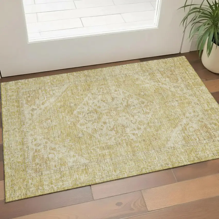 Gold And Beige Medallion Washable Area Rug With UV Protection Photo 1