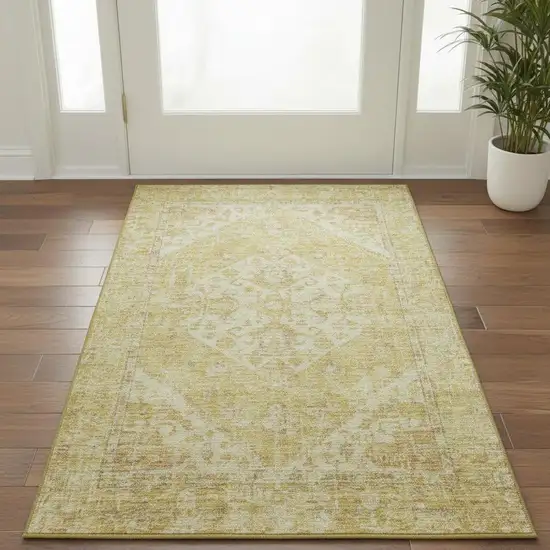 Gold And Beige Medallion Washable Area Rug With UV Protection Photo 2