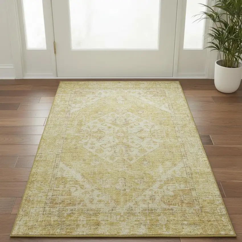Gold And Beige Medallion Washable Area Rug With UV Protection Photo 2