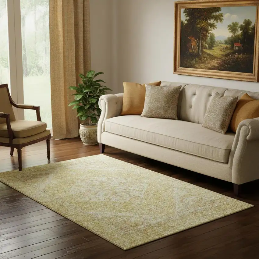 Gold And Beige Medallion Washable Area Rug With UV Protection Photo 2